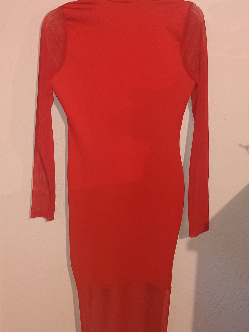 Elegant Red Long-Sleeve Sheer-Sleeve Bodycon Dress
